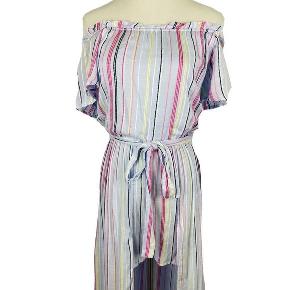 ☀️NWT MIDNIGHT DOLL Stripe Maxi Romper Off-the-Shoulder - Picture 2 of 16